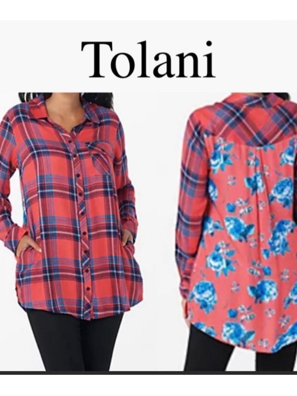 Tolani Neicy Floral Plaid Button Front Tunic Shirt Pink Blue Womens XL NEW